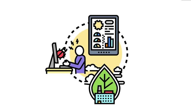 Application log observability depicting a programmer analyzing error logs on a computer, processing data on a tablet, and monitoring system performance for a sustainable company