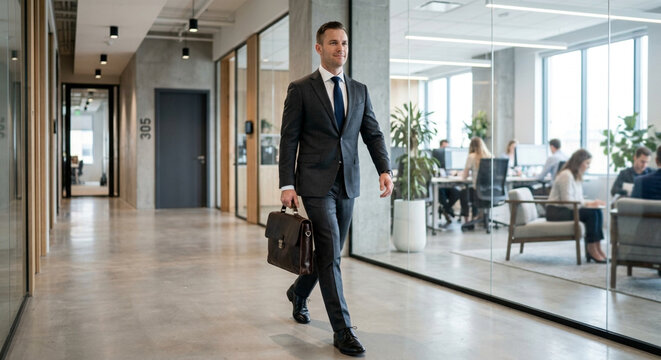 Determined professional businessman walking confidently with a briefcase through a modern corporate office hallway.
