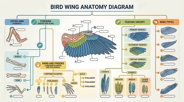 Bird wing anatomy diagram showing bone structure and feather types