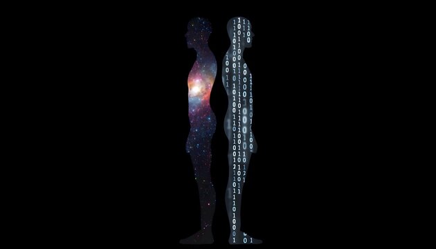 Silhouettes of human starfield and AI binary code standing back to back. Visual background for artificial intelligence vs human mind.