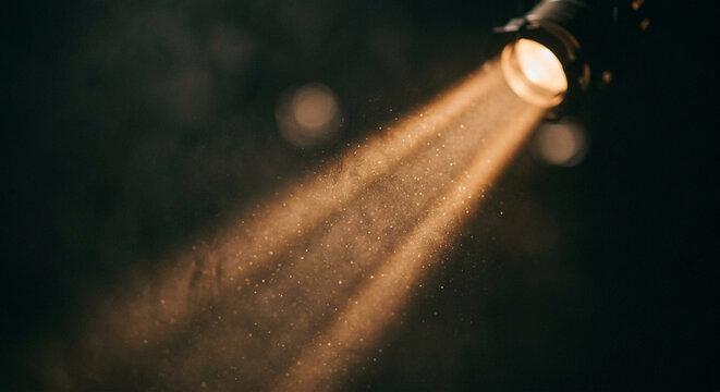 Dramatic single spotlight beam cutting through dusty air on a dark background, creating an atmospheric warm light effect for stage or event.