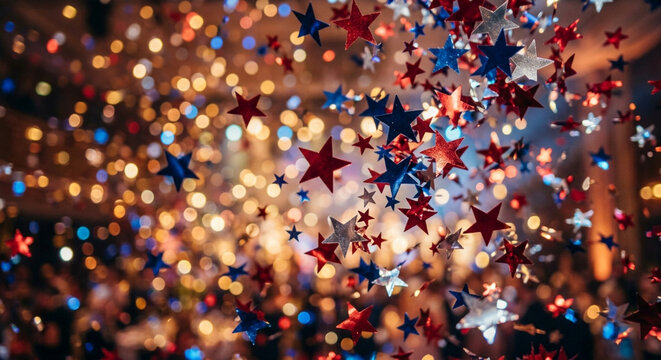 Vibrant red, white, and blue star confetti falling against a blurry background of warm bokeh lights, perfect for celebrations and holidays.