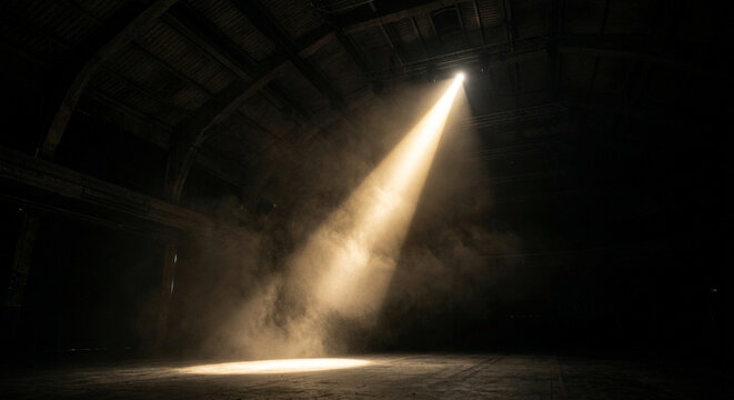 Ethereal single light beam piercing through dusty atmosphere in a dark, empty industrial warehouse interior with dramatic illumination.