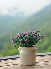 Obraz premium Potted plant purple flower ceramic pot green leaf balcony scene mountain view