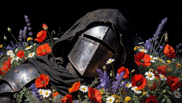 Fallen Knight Lying in Wildflowers and Red Poppies Field