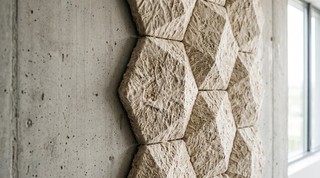 Modern geometric stone texture walls, hexagonal relief concrete background, architectural design pattern, beige relief wall coverings.