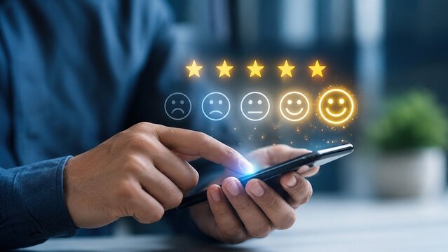 Person giving five star rating on smartphone for excellent customer service experience