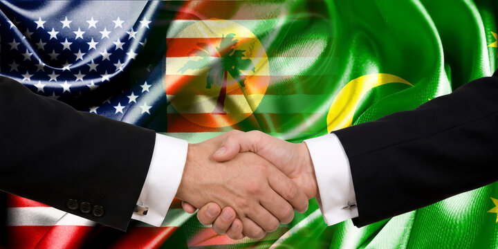 Handshake between the United States and the Cocos Islands, international friendship, background with flags. Flags.