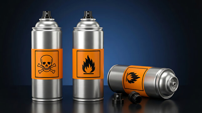 Hazardous spray cans with toxic poison skull and flammable fire warning signs on dark