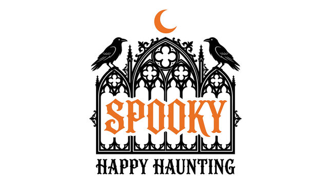 Spooky happy haunting halloween design with gothic arch and ravens