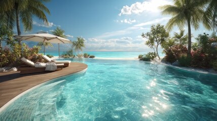Fototapeta premium Luxury infinity pool at tropical beach resort, turquoise swimming pool with palm trees, sunny oceanfront vacation villa