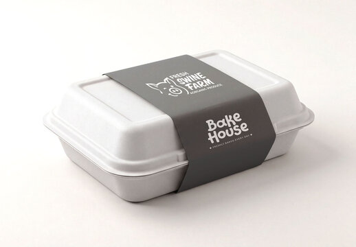 Food Container Mockup with Paper Sleeve Label on White Background