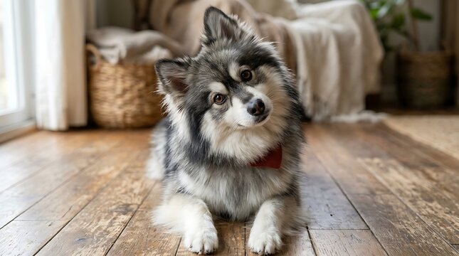 Fluffy dog with a red bowtie lying on a wooden floor