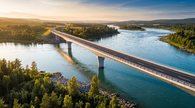 Modern concrete bridge crossing wide river at sunset, aerial view of highway bridge in green forest landscape, infrastructure and transportation