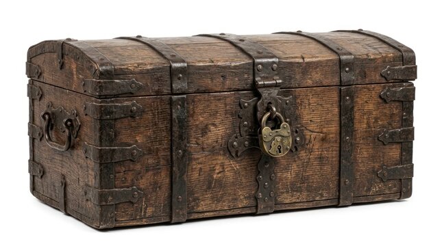 Antique wooden chest with metal reinforcement and padlock