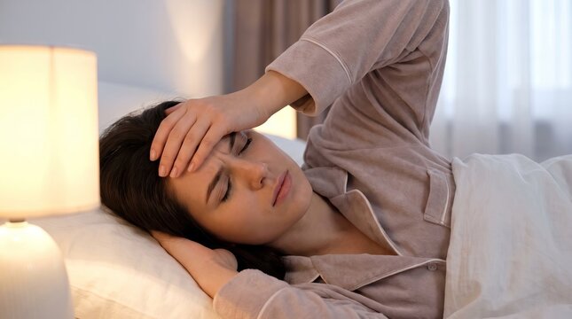 Young adult brunette woman resting alone in bed, gently holding her forehead with a pained expression
