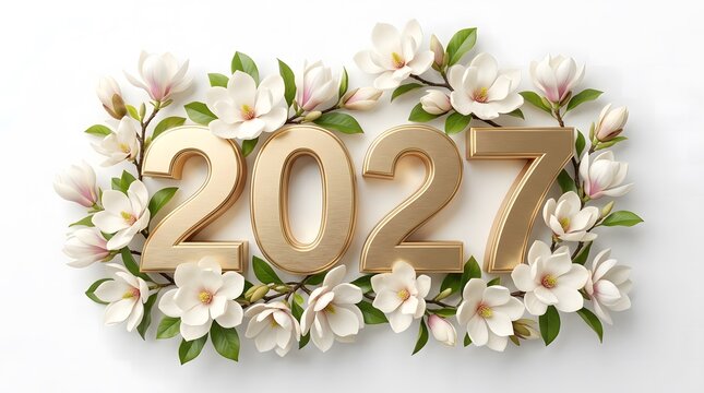 Three dimensional golden numbers representing the year 2027 surrounded by beautiful white magnolia flowers on a clean white background for seasonal design