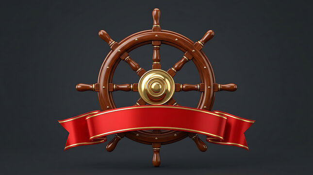 Classic Wooden Ship Steering Wheel with Blank Red Ribbon Banner for Nautical Maritime Designs