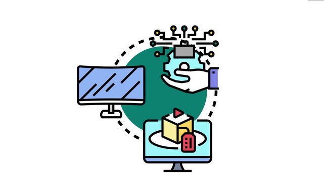 Applied technology depicting a hand holding a gear with circuit connections to computers displaying virtual reality and data for innovation and digital transformation