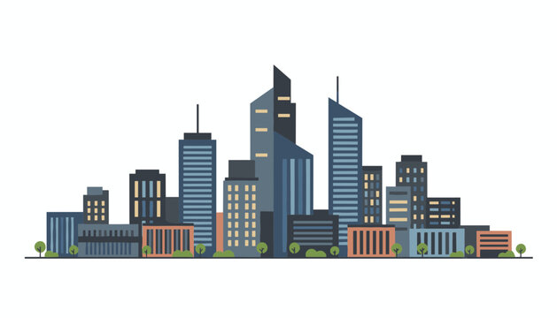 Symmetrical modern flat style vector landscape of a city skyline with skyscrapers, buildings, and small trees.