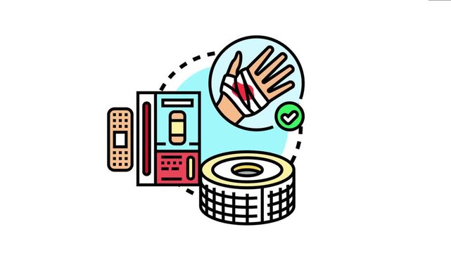 Hand with a wound receiving a bandage, the critical steps of dressing an injury and providing medical help with various first aid supplies