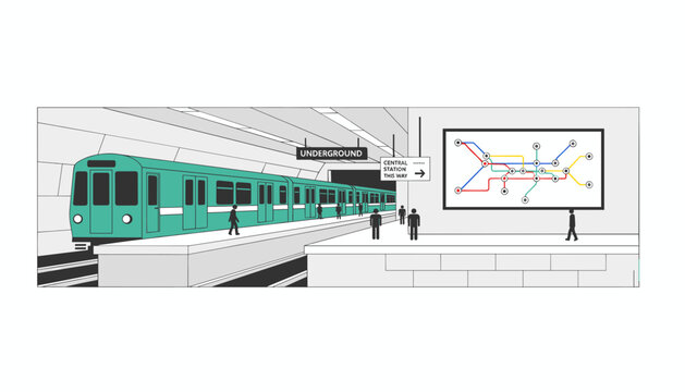Modern underground metro train arriving at a station platform with a transit map on a white wall in flat style.