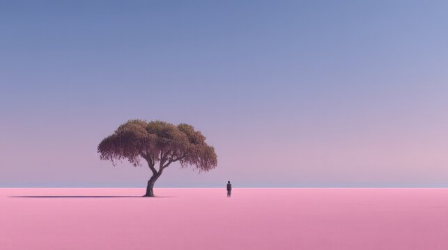 Minimalist surreal landscape with lone tree and person, pink desert sand under purple sky, conceptual solitude and zen nature scene