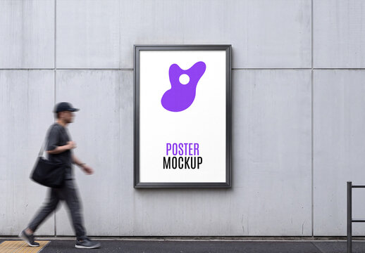 Poster Mockup on Concrete Wall with Blurred Pedestrian Walking on Sidewalk