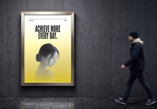 Digital Advertising Screen Mockup on Wall with Blurred Man Walking in Motion