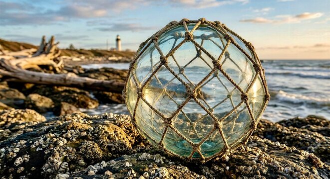 Large Vintage Glass Fishing Float on Rocky Coastal Shore with Lighthouse at Golden Hour