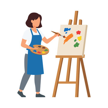 Female artist blue apron wooden easel colorful paint palette brush canvas art hobby.
