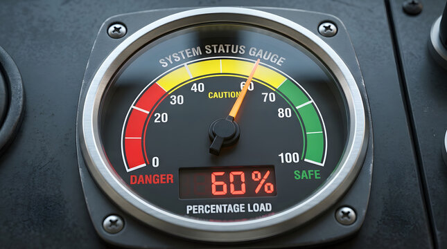 Circular system status gauge showing sixty percent load level with danger and safe zones for industrial equipment monitor.