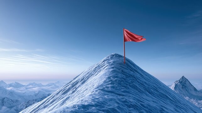 Red flag on snowy mountain peak at dawn with transparent background