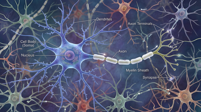 Detailed biological diagram of neuron cell anatomy highlighting dendrites soma nucleus axon myelin sheath and synapse parts.