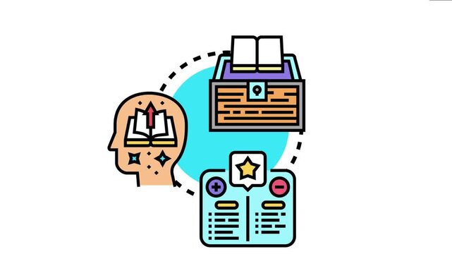 Head learning new information, a valuable book with wisdom, and a list for analyzing pros and cons represent the process of using acquired intelligence for strategic thinking