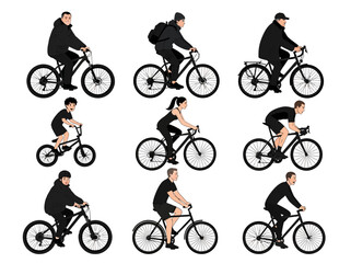 Fototapeta premium Set of Diverse People Riding Various Bicycles and Mountain Bikes Flat Illustrations