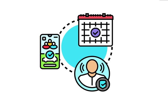 Digital appointment confirmation system showing a calendar, mobile application display, and user profile with a verification badge, secure online scheduling and service booking