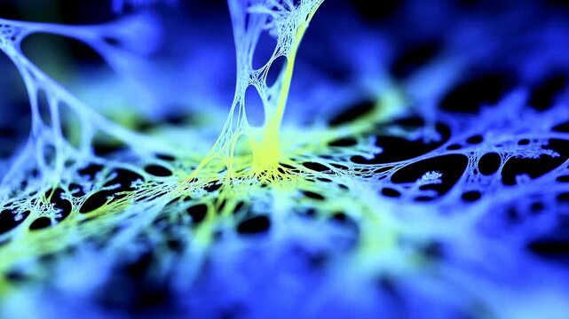 Glowing blue and lime branching light forms crossing black space with web-like texture, soft blur, strong contrast, layered depth, futuristic biological mood, centered abstract composition