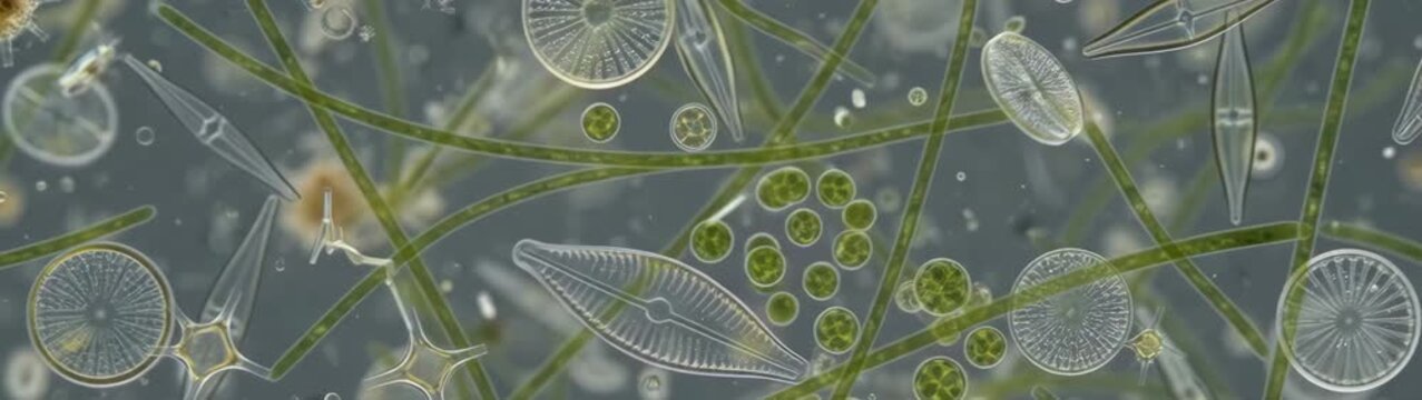 Microorganisms forming diverse shapes and structures living in marine and freshwater environments observed through a lens.