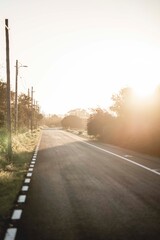 Fototapeta premium Empty rural road at golden hour with sun flare and utility poles, backlit countryside perspective and long shadows