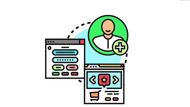User profile icon connecting to web forms and browser windows, symbolizing the digital process of online appointment scheduling, user registration, and creating a virtual identity badge