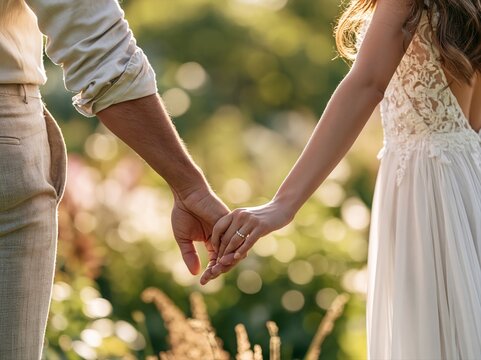 Couple holds hands in a garden during a warm afternoon while celebrating their love