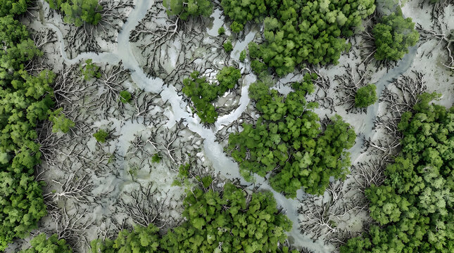 Aerial view of mangrove forest ecosystem with winding waterways, mangrove trees