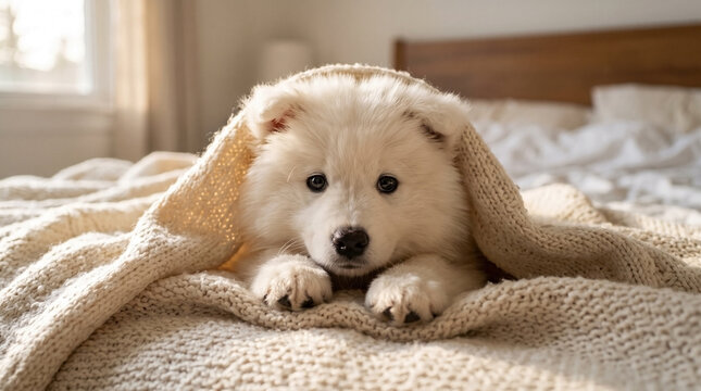 Samoyed puppy hiding under soft wool blanket on bed with paws visible. Samoyed puppy looks with curious eyes in bright bedroom. Playful Samoyed puppy concept for cozy home lifestyle and pet care.