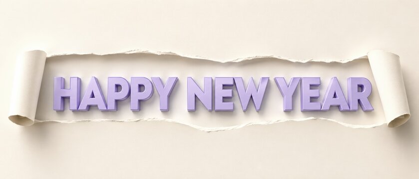 three dimensional purple happy new year text revealed through torn cream paper in a clean minimalist banner design