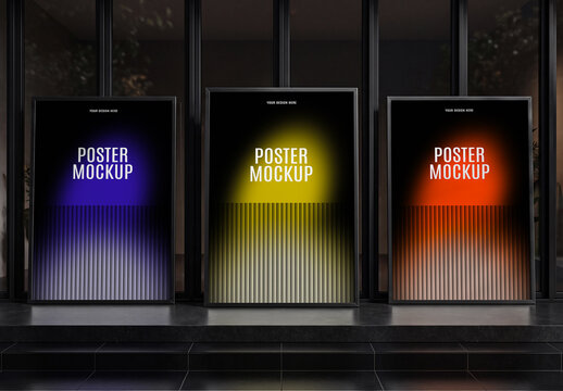 Three Poster Mockup in Dark Background