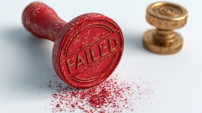Red stamp with failed text and scattered powder on transparent background