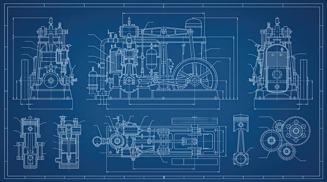 Detailed steam engine mechanical blueprint with sectional views, measurements, gears, piston and technical engineering design for industrial machinery study and manufacturing