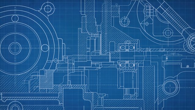 Detailed mechanical engineering blueprint showing sectional machine parts, technical drafting, industrial design, manufacturing concept, and precision engineering background