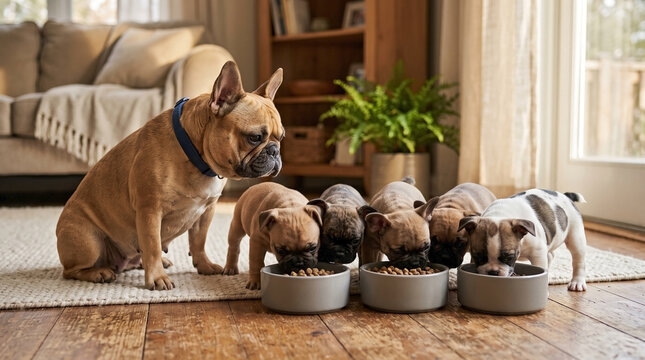 French Bulldog puppies eating from grey bowls with mother dog in living room. French Bulldog puppies enjoy meal on rug near sofa and plant. Concept French Bulldog puppies for pet food branding.